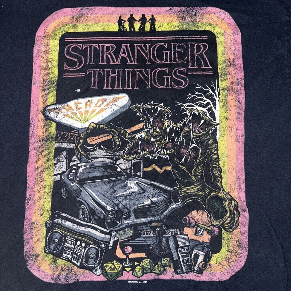 Stranger Things Retro Graphic T-Shirt with D&D Theme and Vintage Car Design